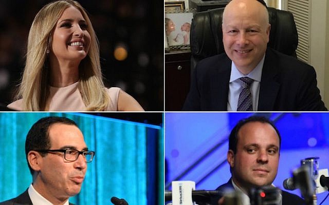 Top left, clockwise, Ivanka Trump, Jason Greenblatt, Boris Epshteyn and Steven Mnuchin (Trump photo: Chip Somodevilla/Getty Images; Greenblatt photo: Uriel Heilman; Epshteyn photo: Ilya S. Savenok/Getty Images for SiriusXM; Mnuchin photo: Andrew H. Walker/Getty Images for City Harvest)